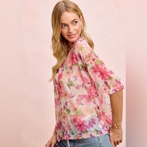 👀 💖 BiBi Floral Print Short Sleeves Boxy Mesh Top - Pink
